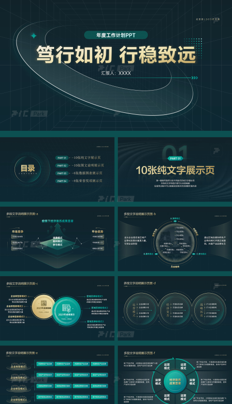 完整版式框架高端绿金汇报ppt模板