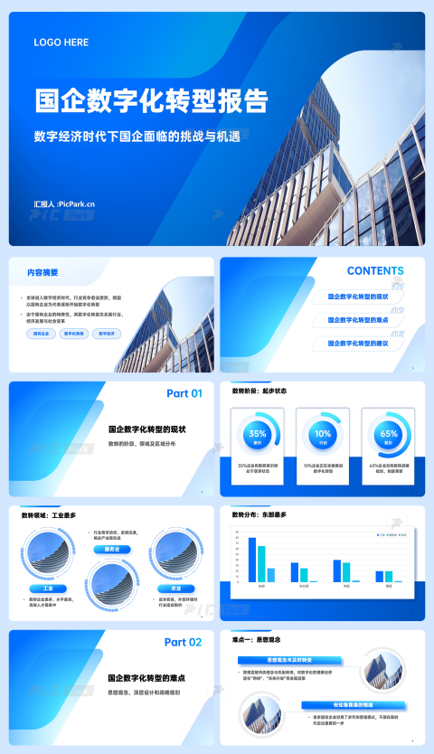 20页蓝色国企数字化转型报告市场报告PPT模板