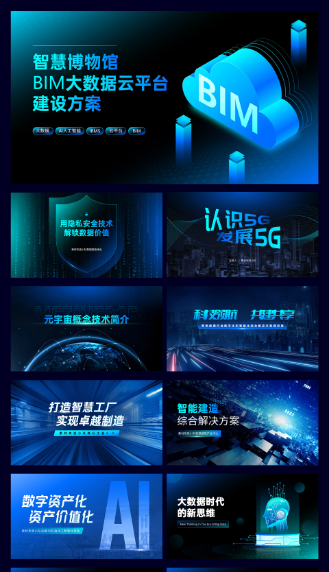 蓝绿暗色主题定制级科技风品牌宣传逻辑图147页PPT模板