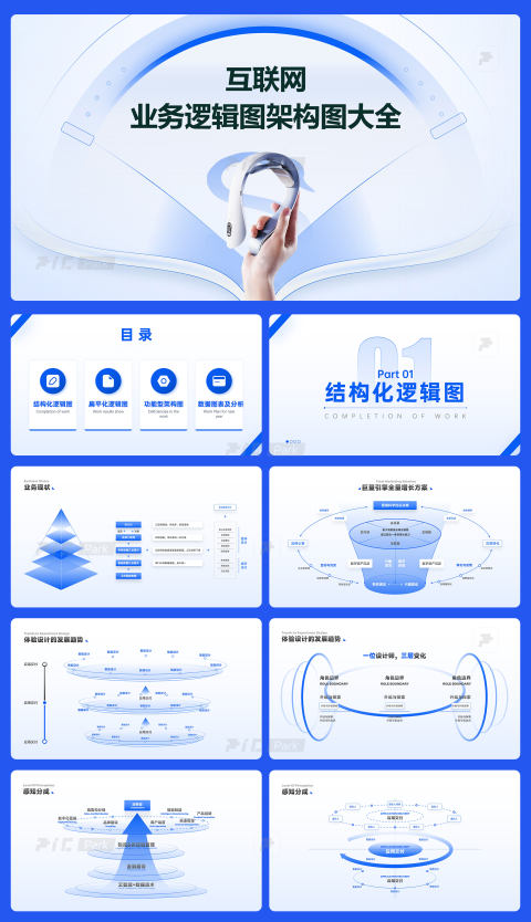 60页蓝色互联网多功能逻辑系统组织架构图一键换色PPT模版