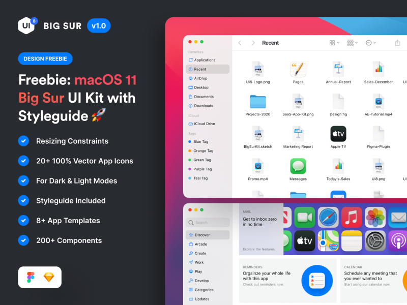 全面且功能丰富的苹果电脑系统macOS Big Sur UI套件figma、sketch源文件