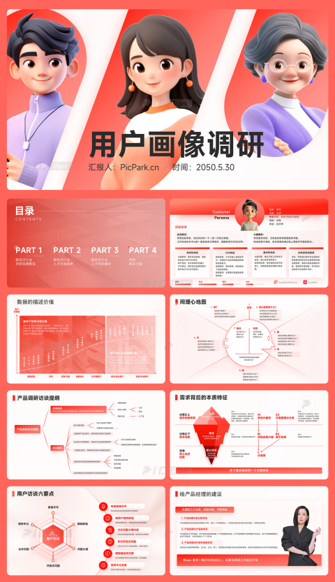 35页红色互联网大厂都在用的用户体验地图用户画像PPT模板